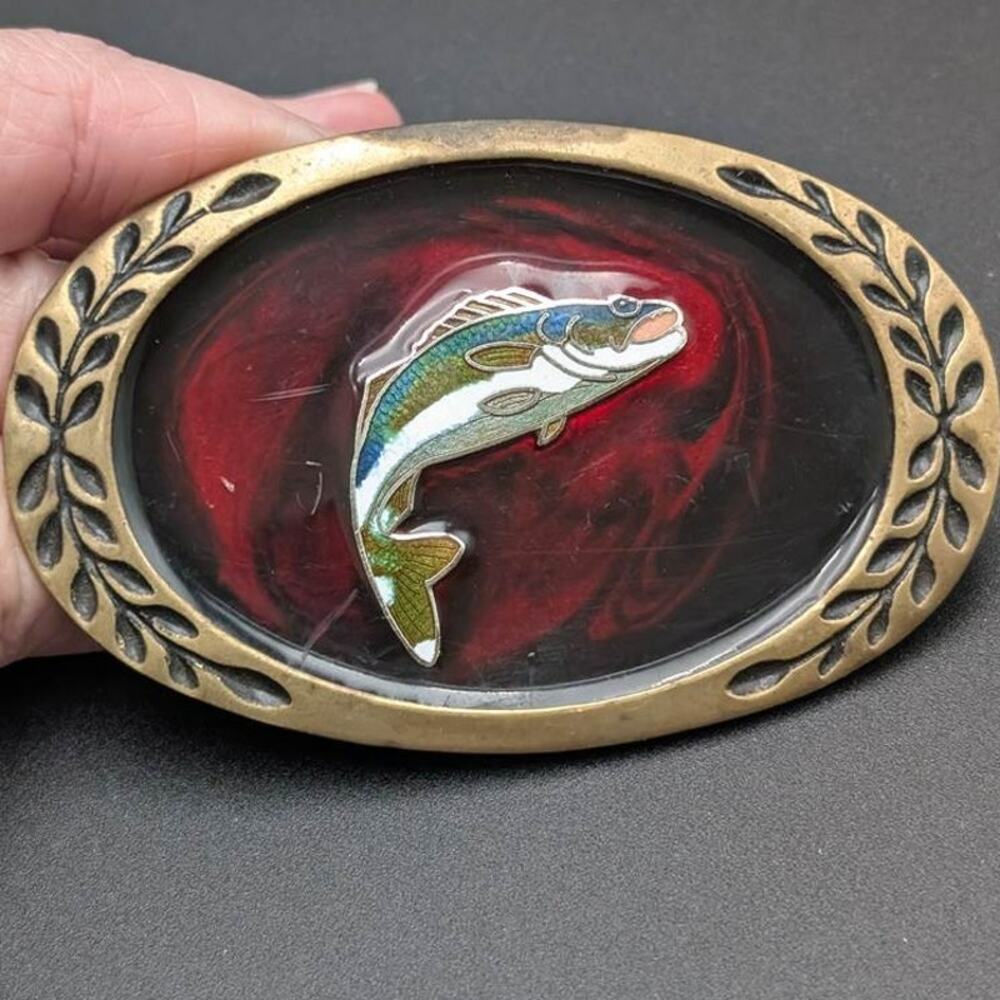 Vintage Aminco Belt Buckle Solid Brass Bass? Trout? Fish Enamel Inlay Western